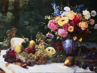 ADAM BURGHARDT - Vase of Flowers and Fruit on a Draped Table
