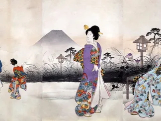 TOYOHARA - Japonaises en Promenade Devant le Mont Fuji