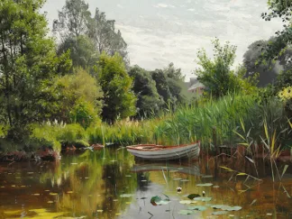 PEDER MØRK MØNSTED - A Forest Lake with a Rowboat