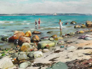 PEDER MORK MONSTED - Young Women bathing at the Beach at Alsgarde, 1921