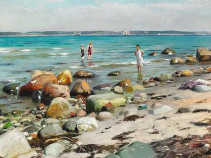 PEDER MORK MONSTED - Young Women bathing at the Beach at Alsgarde, 1921