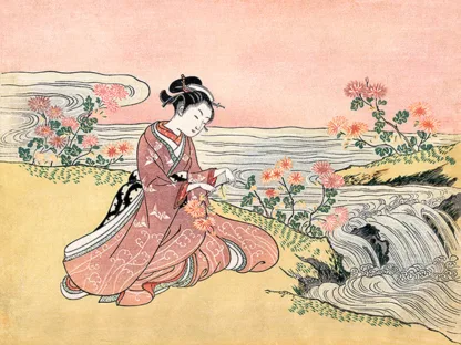 SUZUKI HARUNOBU - Japanese Woman picking Chrysanthemum