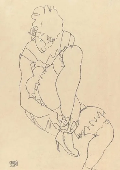 EGON SCHIELE - Woman Buttoning Her Shoes, 1915